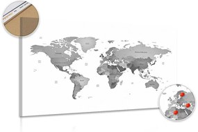 Εικόνα στον παγκόσμιο χάρτη φελλού σε ασπρόμαυρα χρώματα - 120x80  wooden