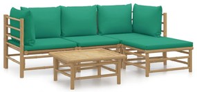 vidaXL Σαλόνι Κήπου Σετ 5 Τεμ. από Μπαμπού με Πράσινα Μαξιλάρια