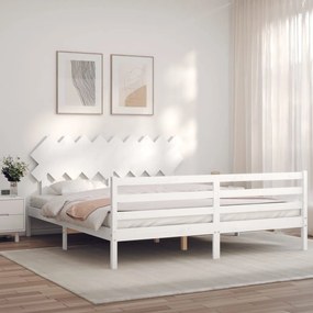 Πλαίσιο Κρεβατιού με Κεφαλάρι Λευκό Μασίφ Ξύλο Super King - Λευκό