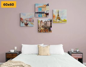 Σετ εικόνων ζωγραφισμένες πόλεις σε παστέλ χρώματα - 4x 60x60