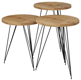 Side tables set 3pcs Merci in natural-black color 35x35x52 εκ.