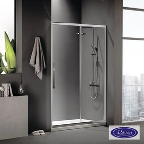 DEVON Flow Slider 1+1 Πόρτα ντουζιέρας με 1 σταθερό &amp; 1 συρόμενο φύλλο CHROME 127-131 Υ195εκ &amp; 2Προφίλ Προέκτασης x3εκ