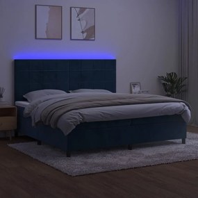 vidaXL Κρεβάτι Boxspring με Στρώμα & LED Σκ. Μπλε 200x200εκ. Βελούδινο