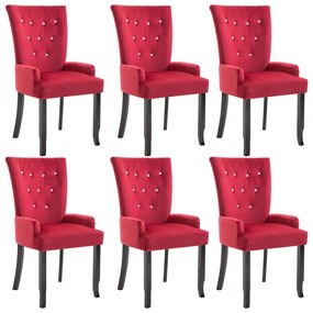 Καρέκλες Τραπεζαρίας με Μπράτσα 6 τεμ. Κόκκινες Βελούδινες - Κόκκινο
