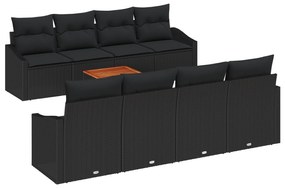 vidaXL 9 κομμάτια Σετ Καναπέ Κήπου με Μαξιλάρια Μαύρο Πολυ Ρατάν Ακακίας