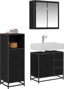 vidaXL Σετ Επίπλων Μπάνιου με ράφι 3 pcs Μαύρη Οξυά Επεξεργασμένο ξύλο