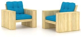 Καρέκλες Κήπου 2 τεμ. Εμποτ. Ξύλο Πεύκου &amp; Μπλε Μαξιλάρια - Μπλε