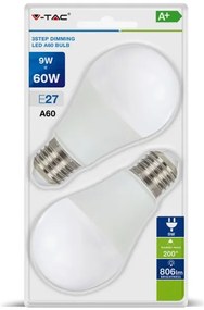 V-TAC Λάμπα LED E27 9W A60 dimmable 3 βημάτων ψυχρό λευκό συσκευασία blister 2 τμχ. SKU: 7290