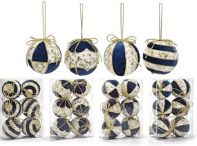 Χριστουγεννιάτικη Μπάλα Μπλε 80mm Σετ 6Τμχ Σε 4 Σχέδια