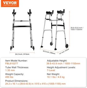 VEVOR 2 in 1 Folding Walker with Armrest Pads &amp; 5" Solid Wheel Height Adjustable