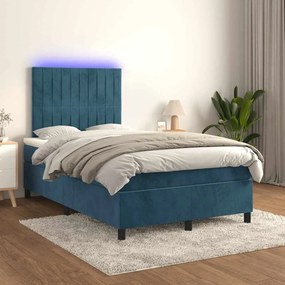 vidaXL Κρεβάτι Boxspring με Στρώμα & LED Σκ. Μπλε 120x190εκ. Βελούδινο