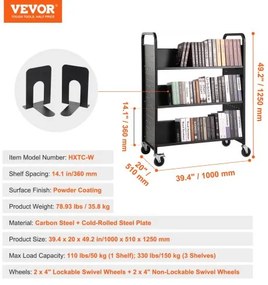 VEVOR Book Cart, 330 lbs Library Cart, 39.4&quot; x 20.1&quot; x 49.2&quot; Rolling Book Cart, Double Sided W-Shaped Sloped Shelves with 4-Inch Lockable Wheels for Home Shelves Office School, Book Truck in Black