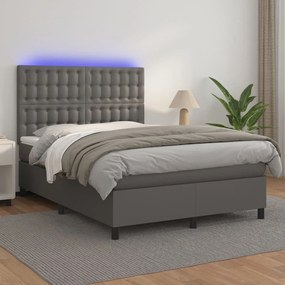 vidaXL Κρεβάτι Boxspring με Στρώμα & LED Γκρι 140x200 εκ. Συνθ. Δέρμα