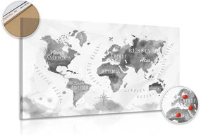 Εικόνα σε έναν παγκόσμιο χάρτη ακουαρέλας από φελλό ασπρόμαυρη - 90x60