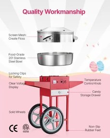 VEVOR Commercial Cotton Candy Machine with Cart Sugar Floss Maker 1000W Red