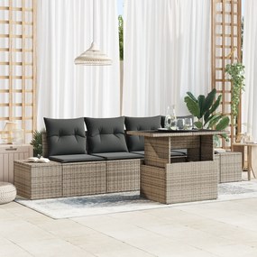 vidaXL Σετ καναπέ κήπου 5 τεμαχίων με μαξιλάρια Γκρι Πολυ Ράτανα