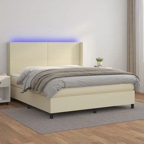 vidaXL Κρεβάτι Boxspring με Στρώμα &amp; LED Κρεμ 160x200 εκ. Συνθ. Δέρμα