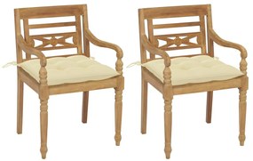 Καρέκλες Batavia 2 τεμ. Μασίφ Ξύλο Teak &amp; Λευκά Κρεμ Μαξιλάρια