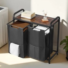 VEVOR 2 Section Laundry Sorter with Pull-Out Bags Metal Frame &amp; Wooden Tabletop
