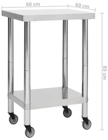 vidaXL Πάγκος Εργασίας Κουζίνας με Ροδάκια 60x60x85 εκ Ανοξείδ. Ατσάλι