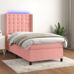 vidaXL Κρεβάτι Boxspring με Στρώμα &amp; LED Ροζ 100x200 εκ. Βελούδινο
