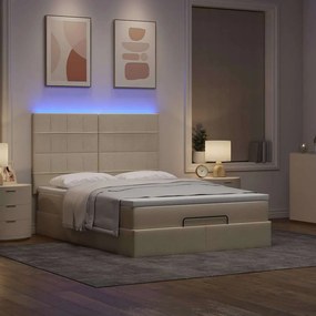vidaXL Οθωμανικό κρεβάτι με στρώμα &amp; LEDs Cream 140x200 cm Ύφασμα