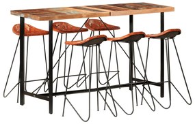 vidaXL Σετ Επίπλων Μπαρ 7 τεμ. Μασίφ Ανακυκλωμένο Ξύλο/ Γνήσιο Δέρμα