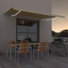 vidaXL Χειροκίνητη τέντα με ηλιακό LED 5 x 3 m Κίτρινο και λευκό ριγέ