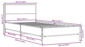 Πλαίσιο Κρεβατιού Γκρι Sonoma 100x200 εκ. Επεξ. Ξύλο &amp; Μέταλλο - Γκρι