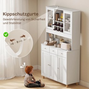 Ντουλάπι κουζίνας 180 εκ., 2 γυάλινες πόρτες, 3 συρτάρια, 4 ρυθμιζόμενα ράφια, ντουλάπι τραπεζαρίας, μοριοσανίδα, Λευκό