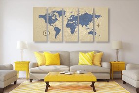 Χάρτης εικόνων 5 μερών του κόσμου με πυξίδα σε στυλ ρετρό - 100x50