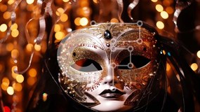 Intra Συλλεκτικό Ξύλινο Παζλ Plywood 4mm - Χρυσή και μαύρη βενετσιάνικη μάσκα με πολύχρωμα φώτα Σε Ξύλινο Κουτί - Διαστάσεις Puzzle: 10x10 cm – 25 κομμάτια