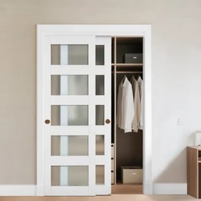 VEVOR Sliding Closet Door, 1219mm (Double 635mm) x 2032 mm, 5-Lite Frosted Glass Bypass Sliding Doors with Hardware Kit, Solid Wood &amp; MDF Slab with Waterproof PVC Surface for Closets Bedrooms