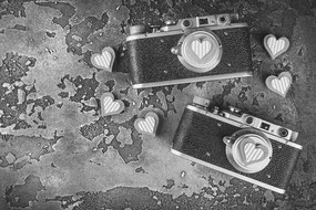 Καρδιές και ρετρό φωτογραφικές μηχανές σε ασπρόμαυρο - 90x60