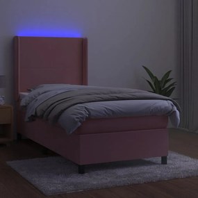 vidaXL Κρεβάτι Boxspring με Στρώμα &amp; LED Ροζ 90x200 εκ. Βελούδινο