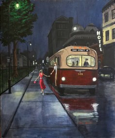 Εικονογράφηση 50s Couple Exits Bus at Night., Dave Rheaume Artist