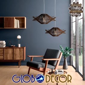 GloboStar MADDY 01602 Vintage Κρεμαστό Φωτιστικό Οροφής Μονόφωτο 1 x E27 Καφέ Σκούρο Ξύλινο Ψάθινο Μπαμπού Φ50 x Υ23cm