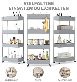HOMCOM Τροχήλατο καρότσι κουζίνας με 4 ράφια, 4 εύκαμπτους γάντζους, 4 τροχούς, 40 cm x 19 cm x 90 cm, καρότσι για στενούς χώρους, Γκρι