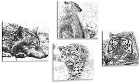 Σετ από εικόνες ζώων σε ασπρόμαυρο σχέδιο ακουαρέλας - 4x 60x60