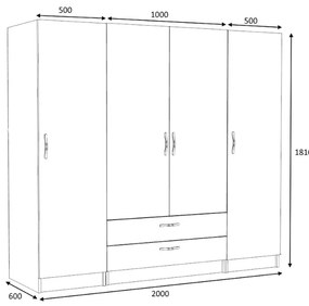 Ντουλάπα ρούχων Victoria Megapap τετράφυλλη με συρτάρια χρώμα καρυδί 200x60x181εκ.