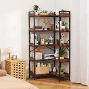 VEVOR 5 Tier Corner Bookshelf Tall Corner Bookcase with 4 Hooks L-Shaped Storage
