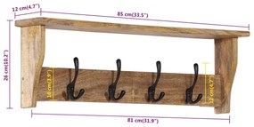 vidaXL Κρεμάστρα Τοίχου με 4 Γάντζους από Μασίφ Ξύλο Μάνγκο