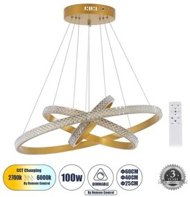 Κρεμαστό Φωτιστικό Οροφής LED 100W 12123lm DIAMOND ΤRIO Globostar-61137-DECO-Χρυσό 61137-DECO