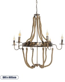 01404 GloboStar® VICTORIAN 01404 Vintage Κρεμαστό Φωτιστικό Ανάρτηση Πολύφωτο 6 x E14 IP20 Χάλκινο Μέταλλο με Μπεζ Σχοινί - Μ85 x Π85 x Y85cm