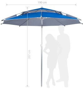 Ομπρέλα παραλίας Muhler 22511008629, Ø190 cm, Ύψος 203 cm, 8 νευρώσεις από fiberglass, Ρυθμιζόμενη κλίση, UV προστασία UPF 50+, Μπλε