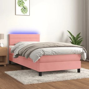 Κρεβάτι Boxspring με Στρώμα &amp; LED Ροζ 90x200 εκ. Βελούδινο - Ροζ