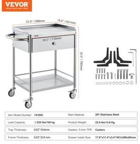 VEVOR Medical Cart, 2 Layers Stainless Steel Cart 220 lbs Weight Capacity,  Lab Utility Cart with 360° Silent Wheels and a Drawer for Lab, Clinic, Kitchen, Salon