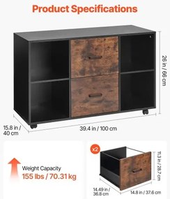 VEVOR 2 Drawer Wooden File Cabinet Mobile Filing Cabinet with Open Shelves Black