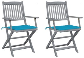 3064486 vidaXL Καρέκλες Εξωτ. Χώρου Πτυσσόμενες 2 τεμ Ξύλο Ακακίας &amp; Μαξιλάρια Μπλε, 1 Τεμάχιο