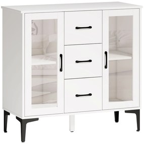 Μοντέρνο Sideboard με Soft-Close πόρτες, μπουφές με 3 συρτάρια, 2 γυάλινες πόρτες, ρυθμιζόμενα ράφια, MDF, λευκό